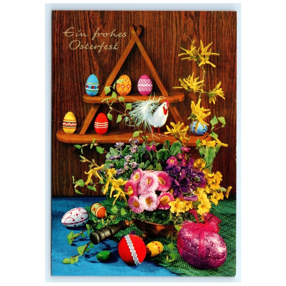 Vintage Easter Eggs‎ Rooster Spring Flowers Greetings German Postcard